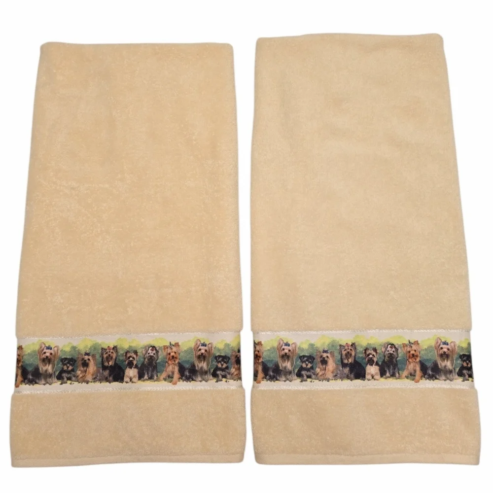Vtg Danbury Mint Yorkshire Terrier Bath Towels Set of 2 100% Cotton Yorkie Dogs